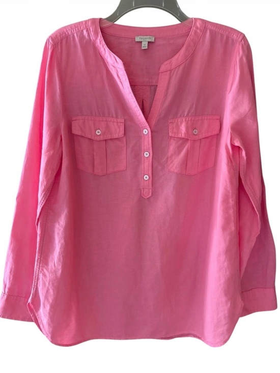 Talbots Tops - Talbots Linen Camp Shirt Split Neckline Size M Pink